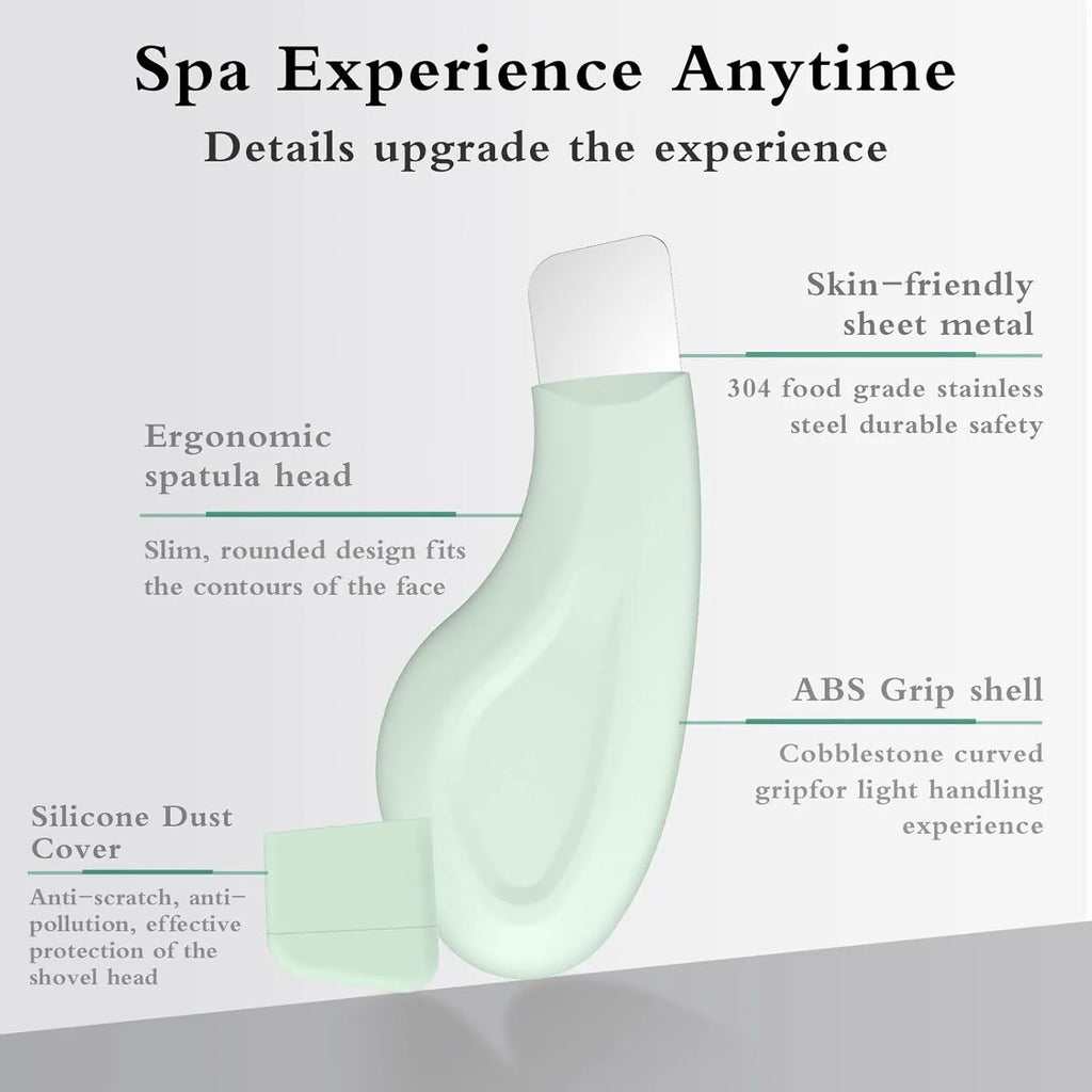 Stainless steel blackhead scraper and green silicone face spatula skin care tool.