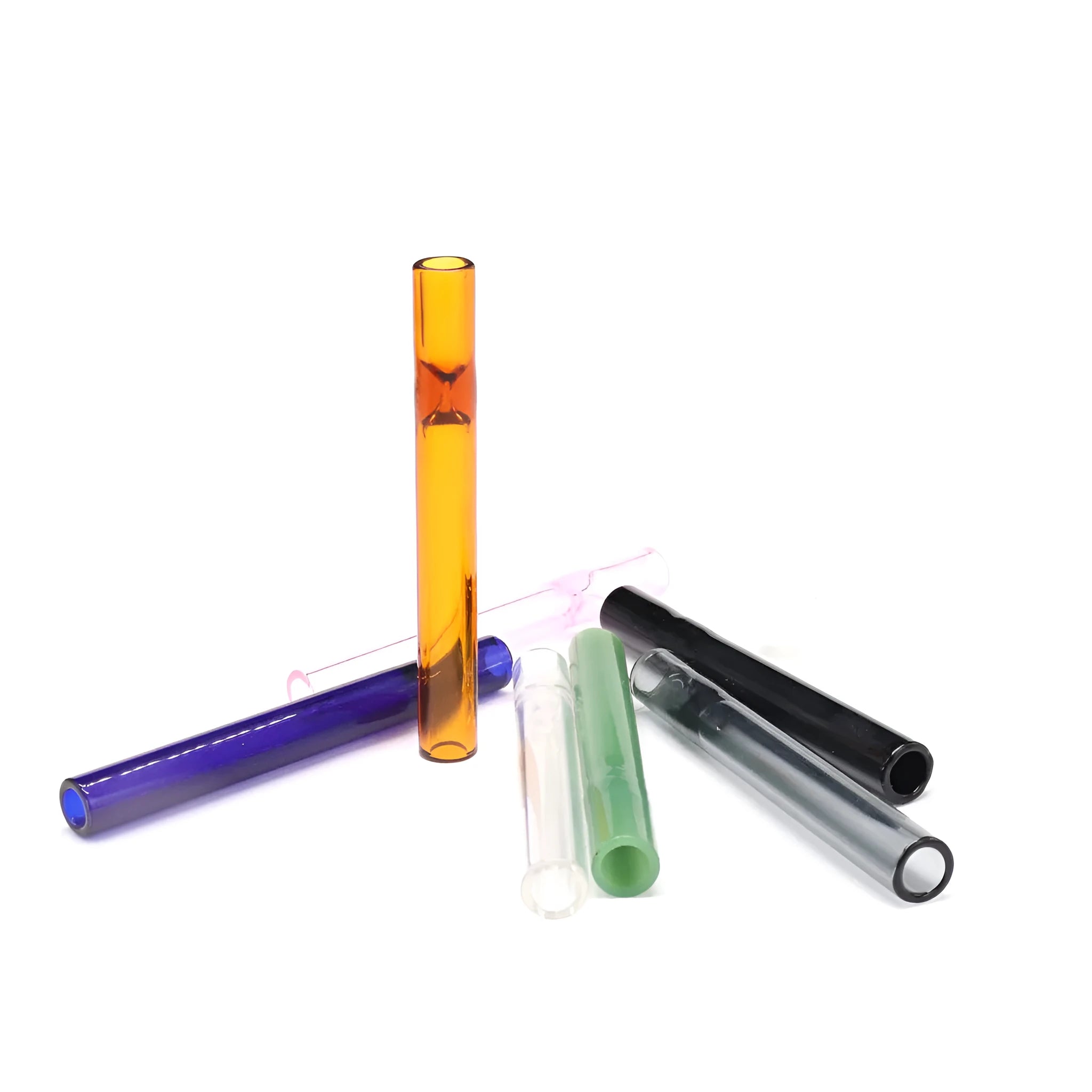 Clear straight glass telescopic smoke pipe suction nozzle on a plain background.