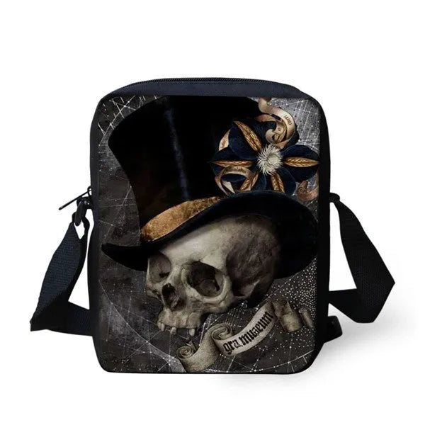 Children's skull print polyester messenger bag with shoulder straps, shown in a medium size.