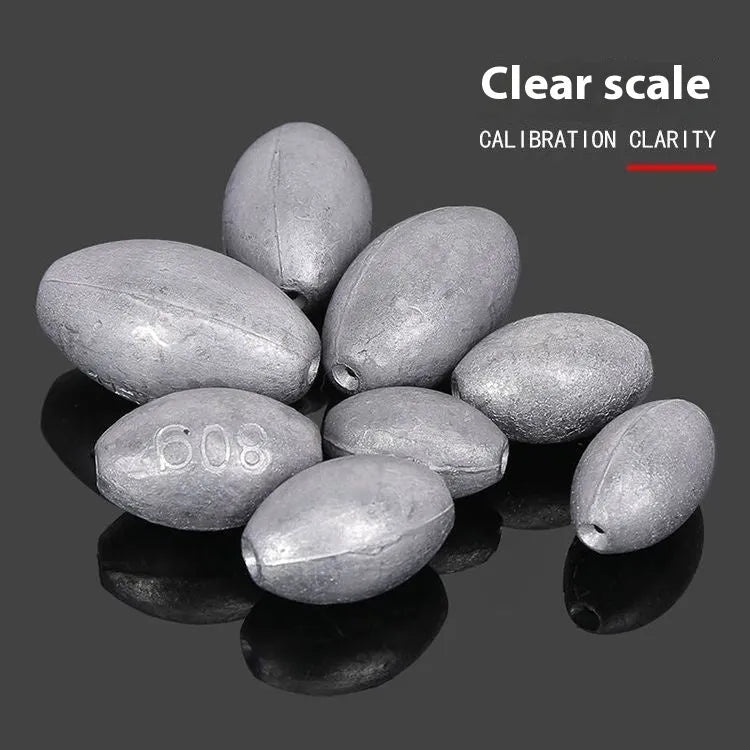 Sea fishing olive lead sinker with plastic core, rugby shape, and textured scale surface