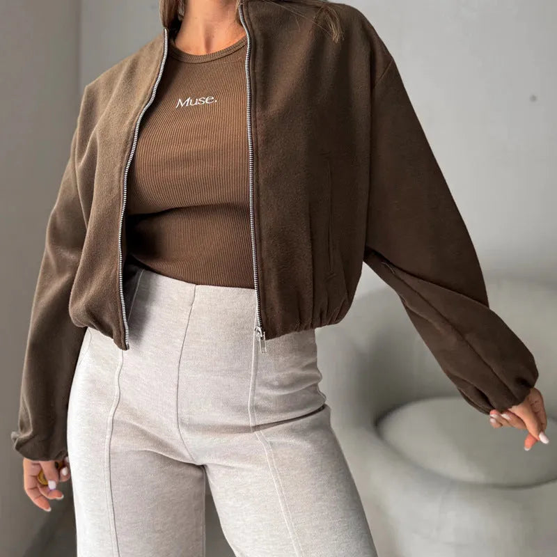 Women's off-shoulder short coat with lantern sleeves in brown casual wear