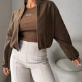 Women's off-shoulder short coat with lantern sleeves in brown casual wear