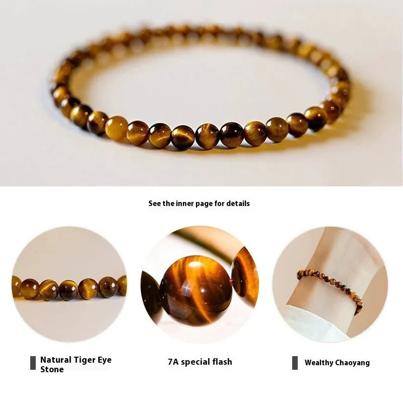 Geometric new Chinese style bracelet with round tigereye stone beads in gold and brown bands.