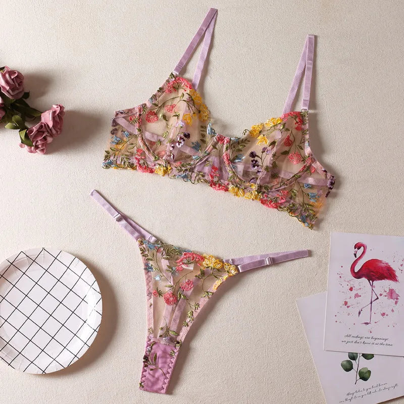 Floral mesh bra with steel rings and T-back design in five colour options