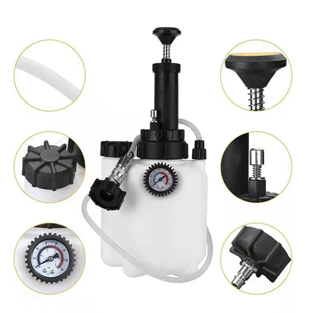 White 3-litre automotive brake fluid replacement tank tool with copper pipe and iron fittings