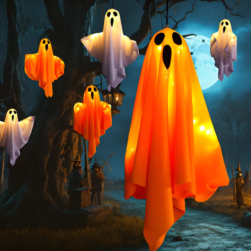 Halloween ghost light with screaming face design in white and orange colours for indoor party decoration