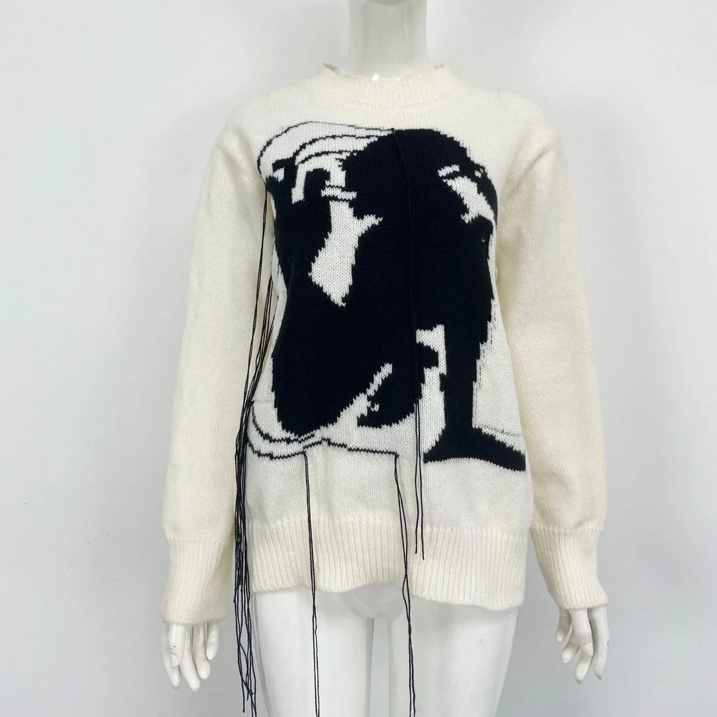 Women's loose grey alpaca wool sweater with tassel decoration and abstract pattern, round neck street fashion pullover