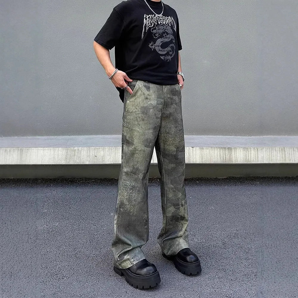 Men's digital camouflage denim jeans in straight cut with mid waist styling