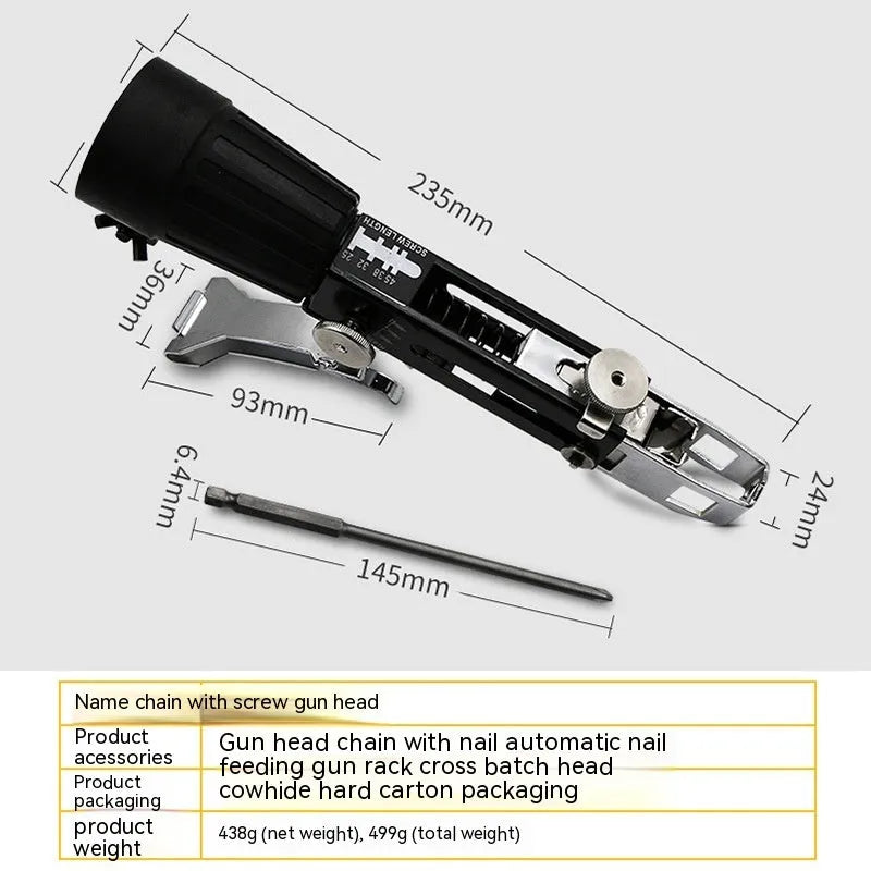 Chain screw gun head automatic nail gun electric screwdriver set with metal head, cross head bit, and gun rack.