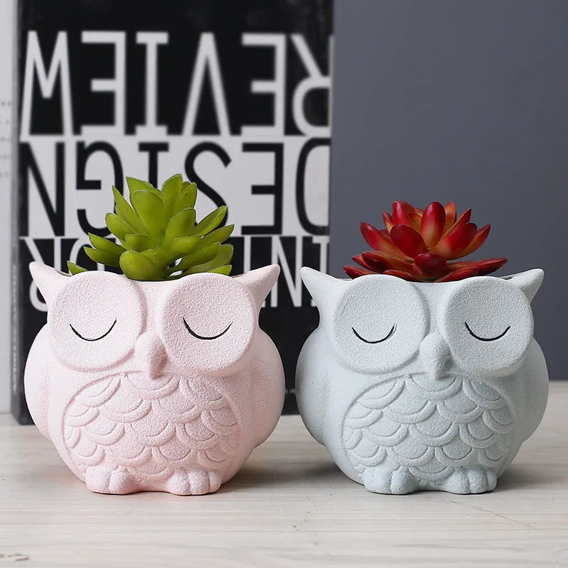 Handmade ceramic owl succulent pot with frosted finish in light pink colour