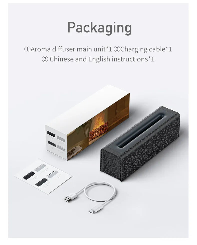 Square black desktop aroma diffuser and humidifier with creative lava flame lighting effect.