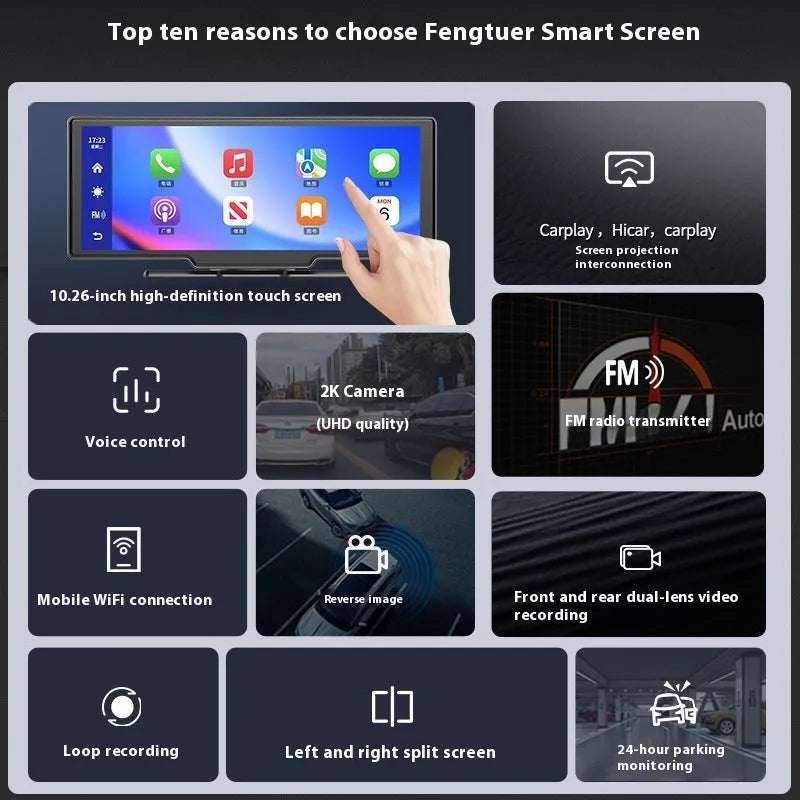 10 inch car smart touch screen display showing CarPlay interface and rear camera view