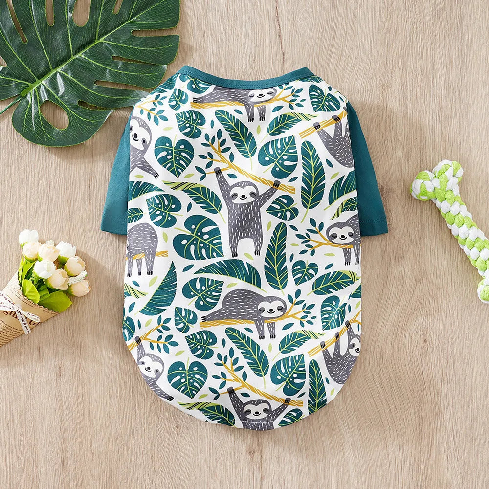 Polyester full printed t-shirt for small dogs showing colour options and weight-based sizing
