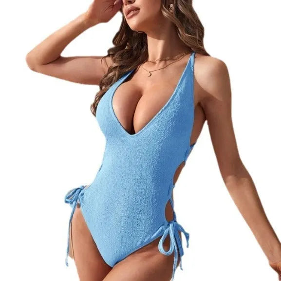 Women's hollow backless tether one-piece bikini swimsuit in solid colour options