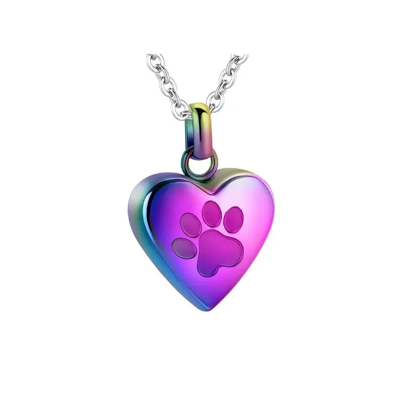 Openable heart pendant titanium steel necklace with paw print design in silver, black, gold, rose gold, or colourful finish.