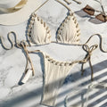 Texture Split Lace-up Swimsuit Milky White Push Up Small Chest Nylon Brief Women's Swimwear