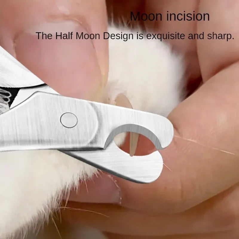 Silver stainless steel pet nail clipper with a quick-stop safety guard for dogs and cats.