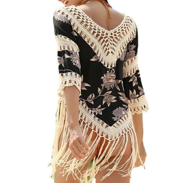 Women's apricot V-neck sun protection blouse with hollow-out loose sleeves on a beach