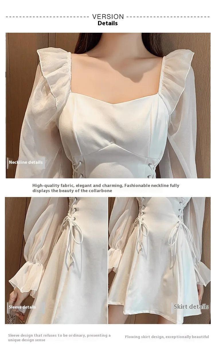 White chiffon patchwork waist-slimming maxi dress with long sleeves on mannequin