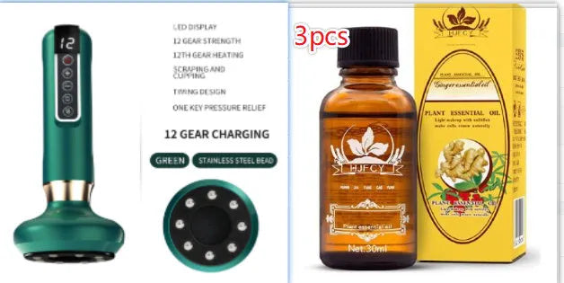 Green electric vacuum cupping massager with USB charger and instruction manual