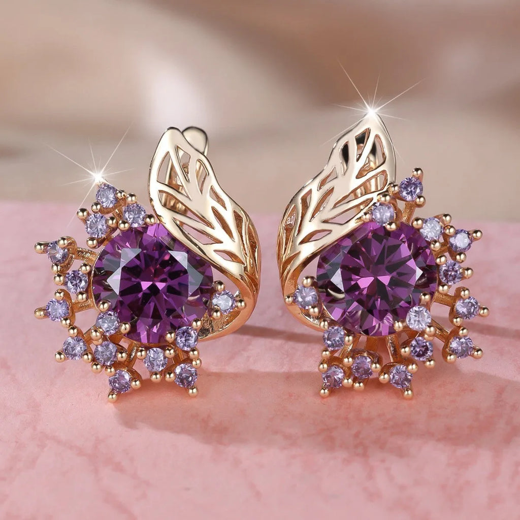 Round flower feather earrings with zircon crystals in electroplated champagne gold colour