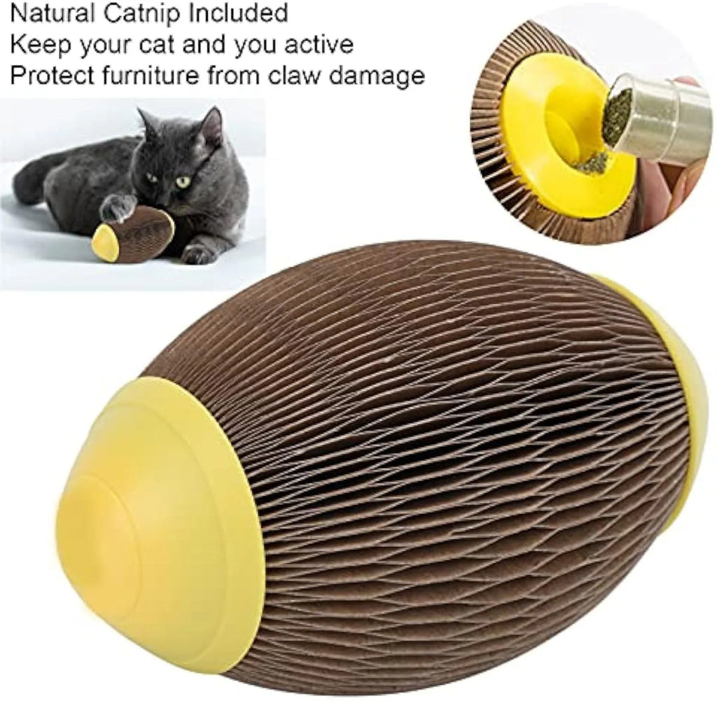 Ellipse-shaped catnip scratch ball made from brown recycled corrugated paper, shown with a pull-open cover.