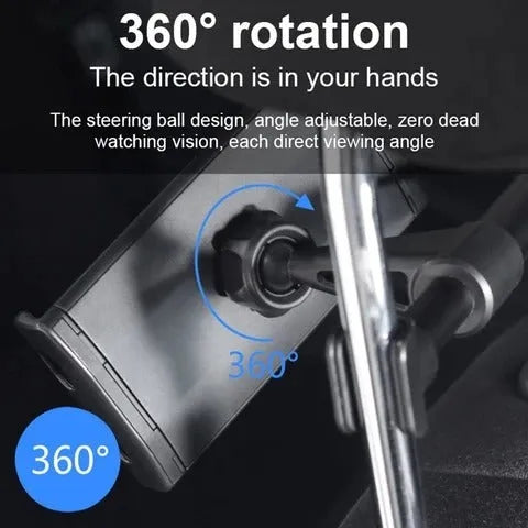 Black plastic car phone holder attached to a vehicle rear seat base holding a tablet