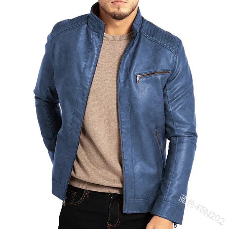 Man wearing a brown artificial leather punk-style motorcycle jacket with a stand collar.