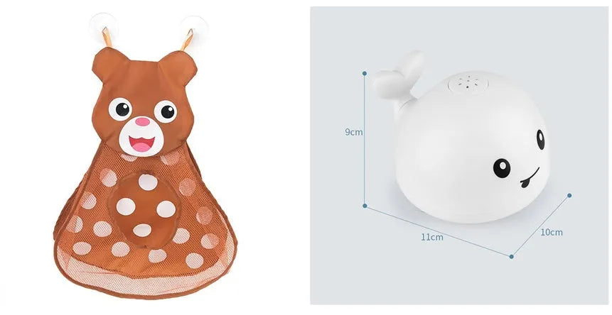 Whale-shaped baby bath toy with automatic water spray and colourful lights floating in water.