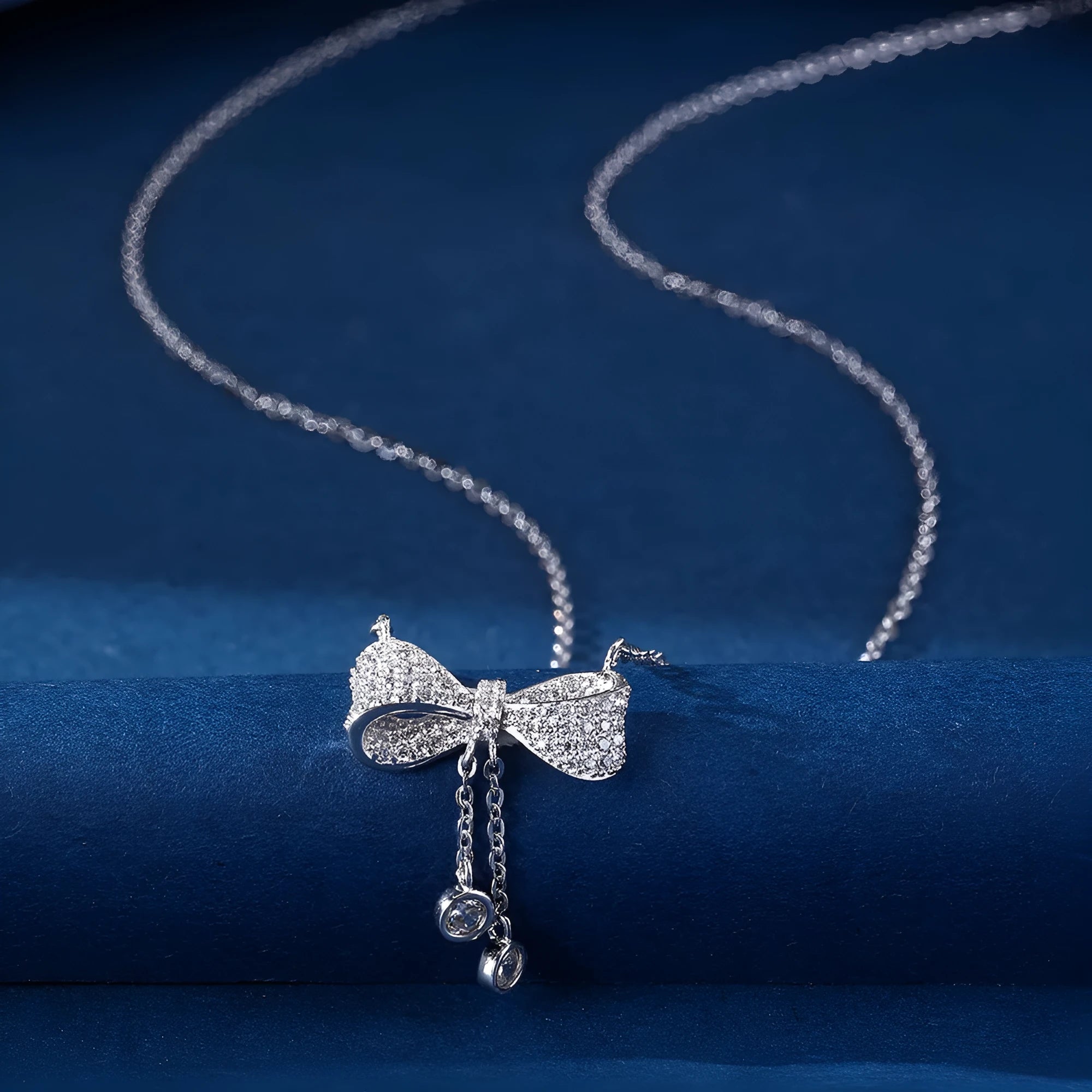 S925 sterling silver bow pendant necklace on O-ring chain with adjustable 40-45cm length