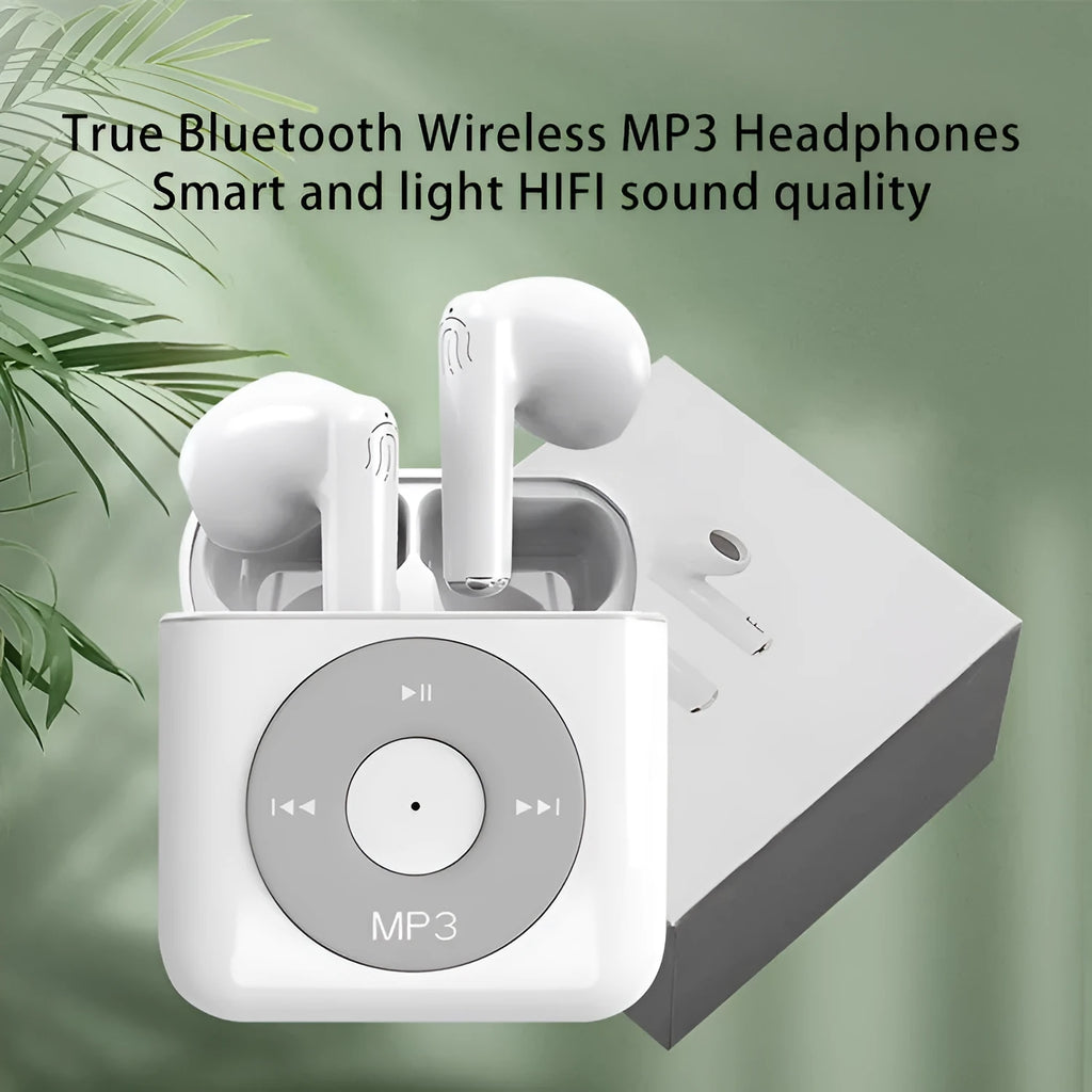 White wireless Bluetooth earphones with semi in-ear design and a matching charging case on a table.