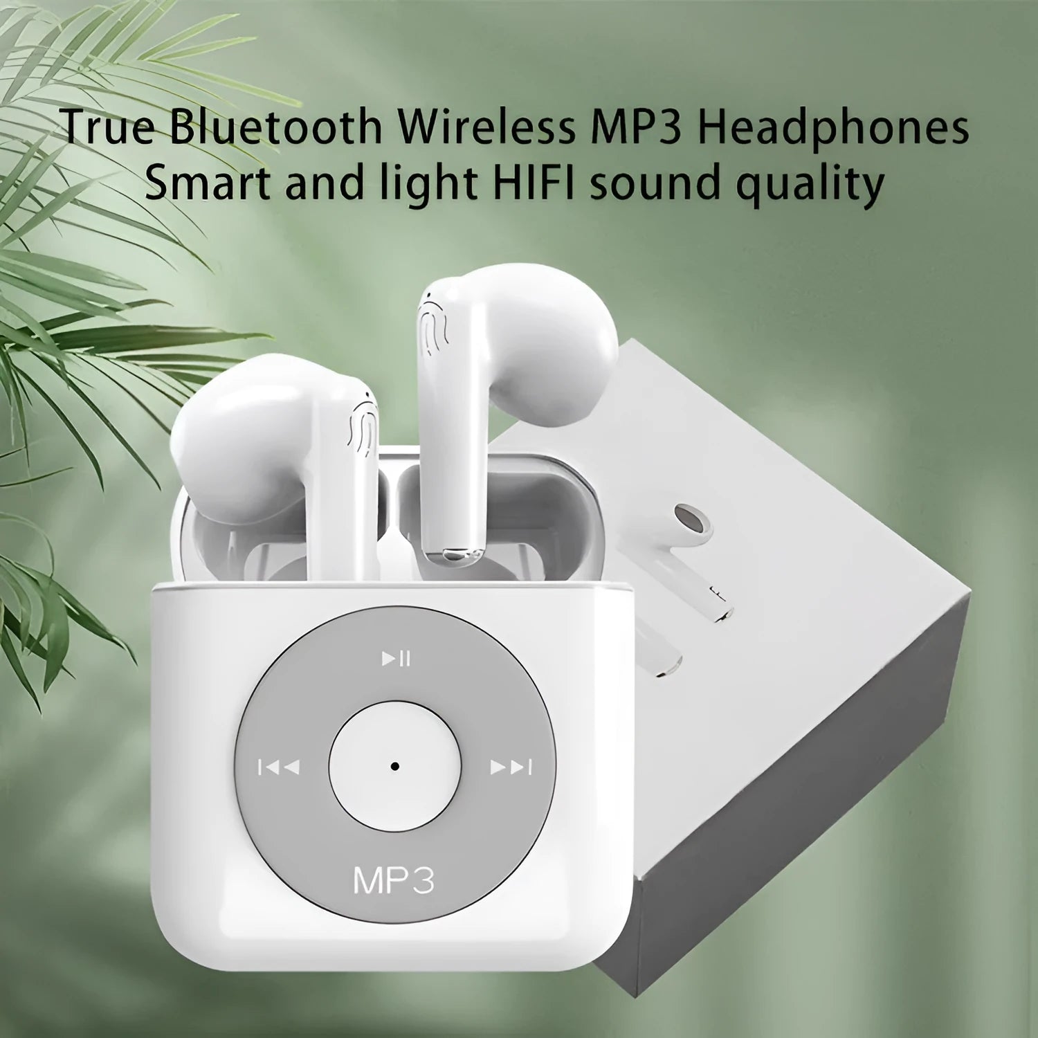 White wireless Bluetooth earphones with semi in-ear design and a matching charging case on a table.