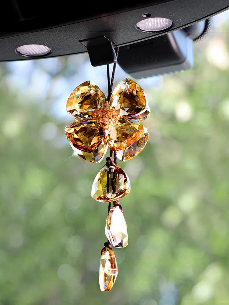 Crystal four leaf grass car pendant approximately 20cm in transparent, champagne, black or shiny finish