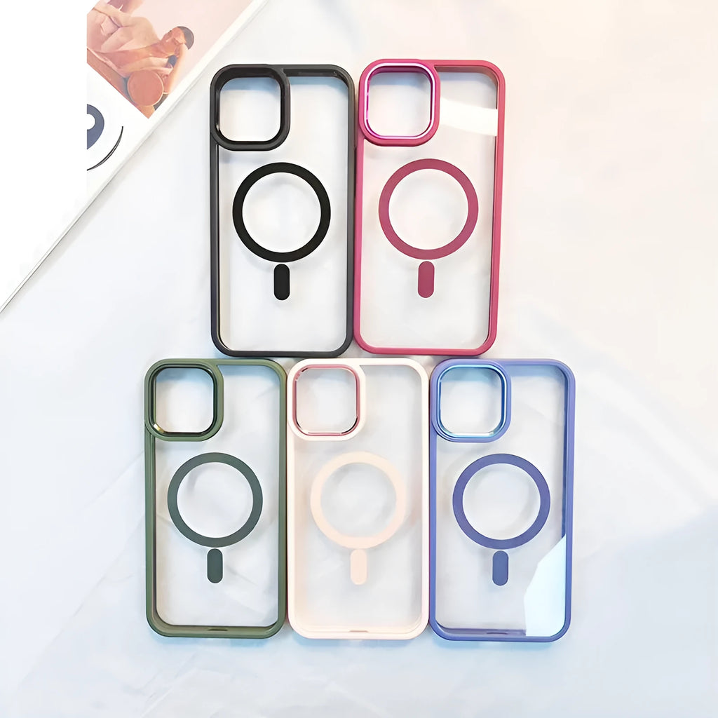 Transparent magnetic iPhone case showing MagSafe compatibility with solid silicone colour options