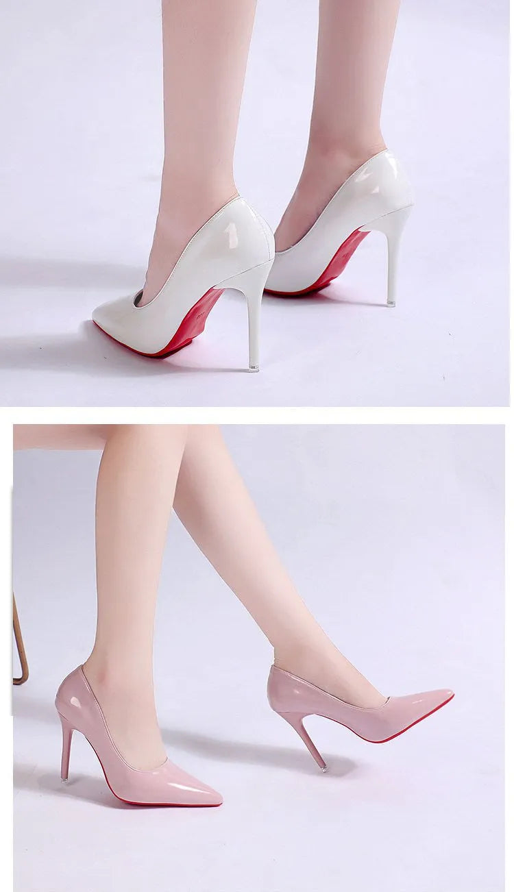 Women's solid colour stiletto heel pumps with pointed toe and shallow mouth design on a rubber sole.