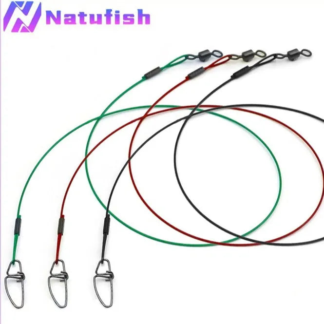 54cm steel wire fishing leaders with double buckle pins in green, black and red colours