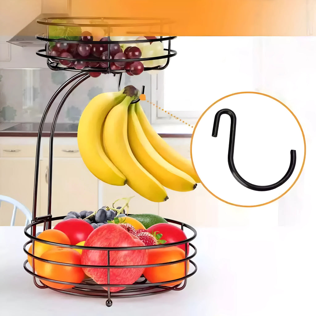 Black wrought iron double-layer fruit basket with open wire construction for air circulation