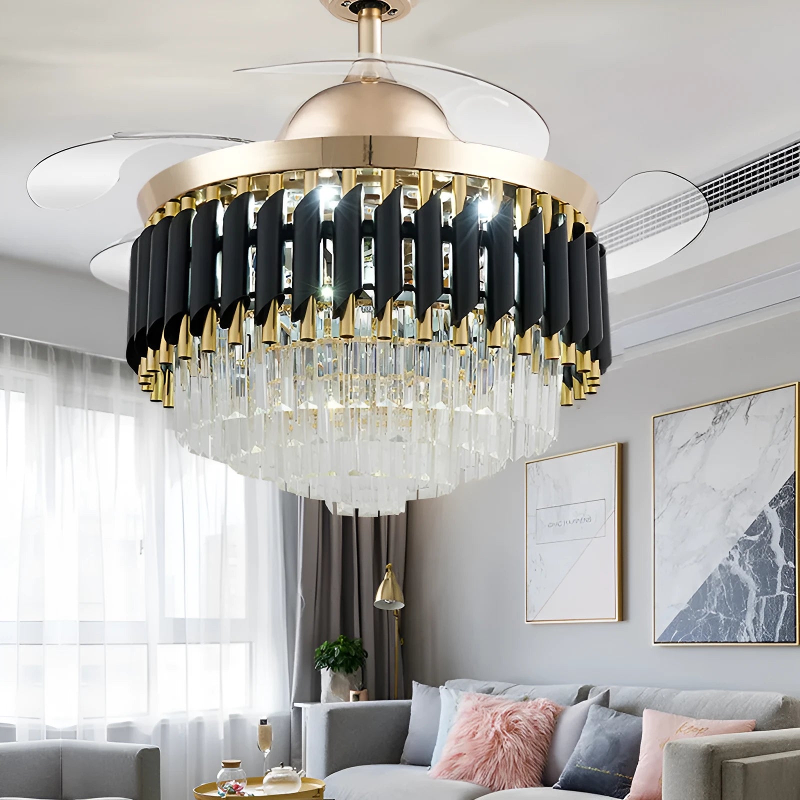 LED frequency conversion fan light crystal chandelier with remote control in living room setting