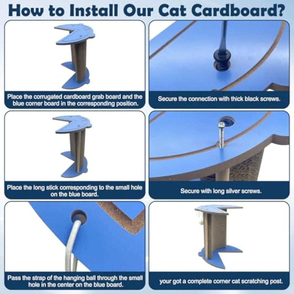 Grey cat corner scratcher with hanging ball mounted in a room corner.