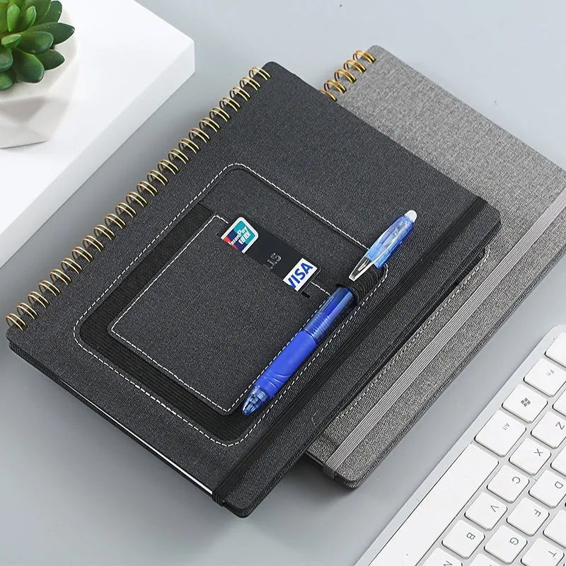 A5 erasable spiral notebook with stone paper, custom cover options including pockets and sticky notes
