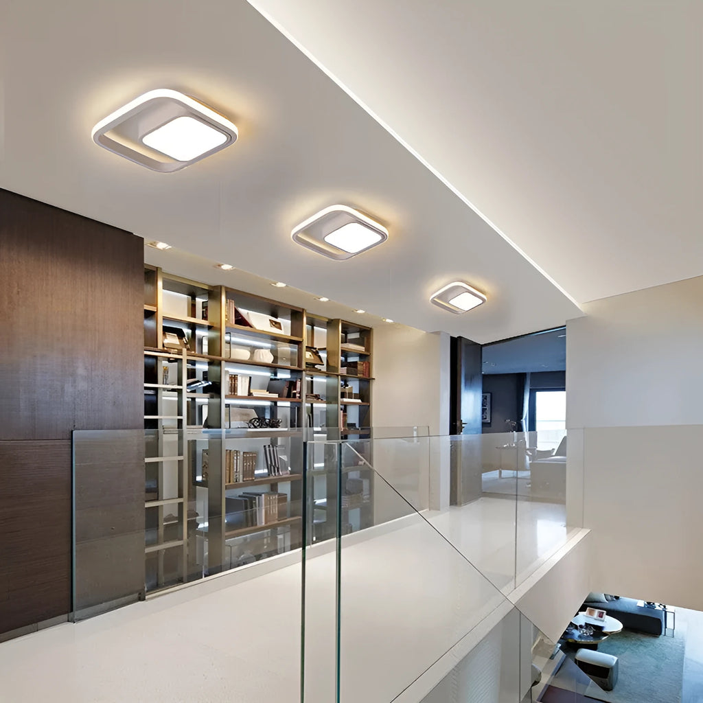 Commercial corridor LED pendant lights in three styles: black double semicircle, white double circle and white bipartite designs
