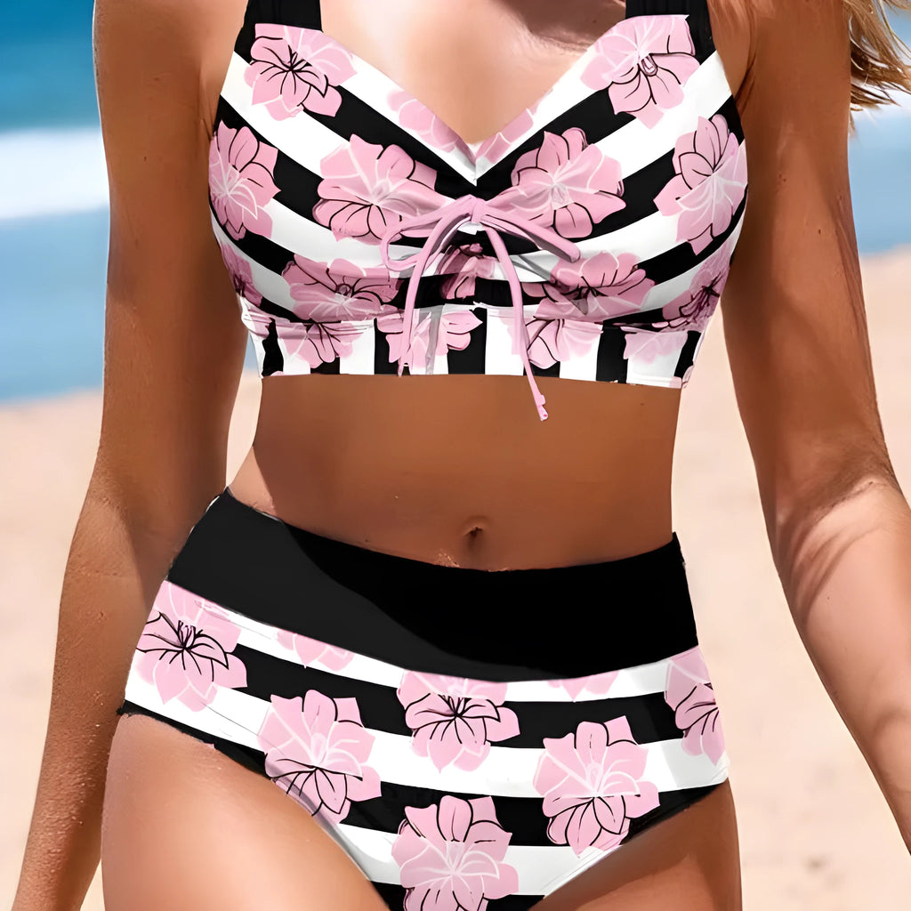Women's black printed belly covered slimming split bikini swimsuit set