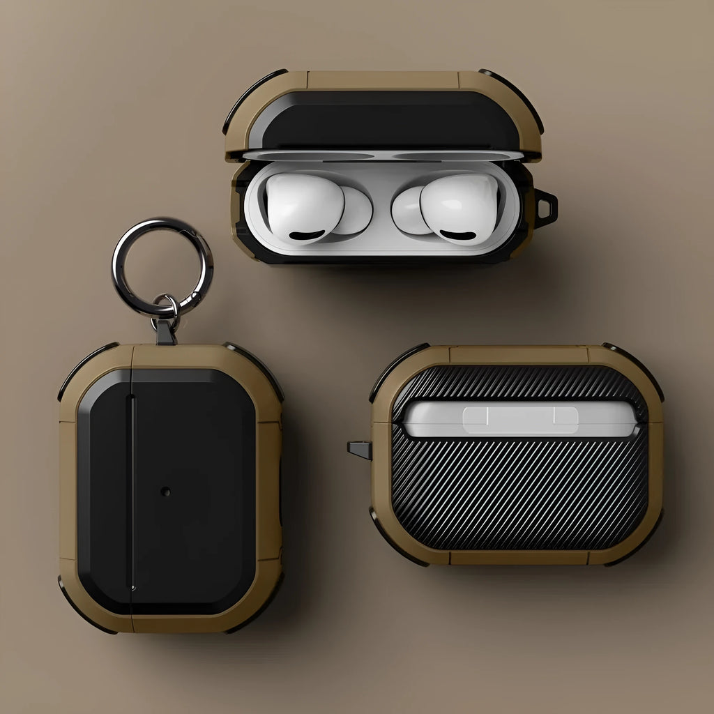 Black TPU and PC protective case for Apple AirPods Pro and AirPods 1/2 models on a white background.