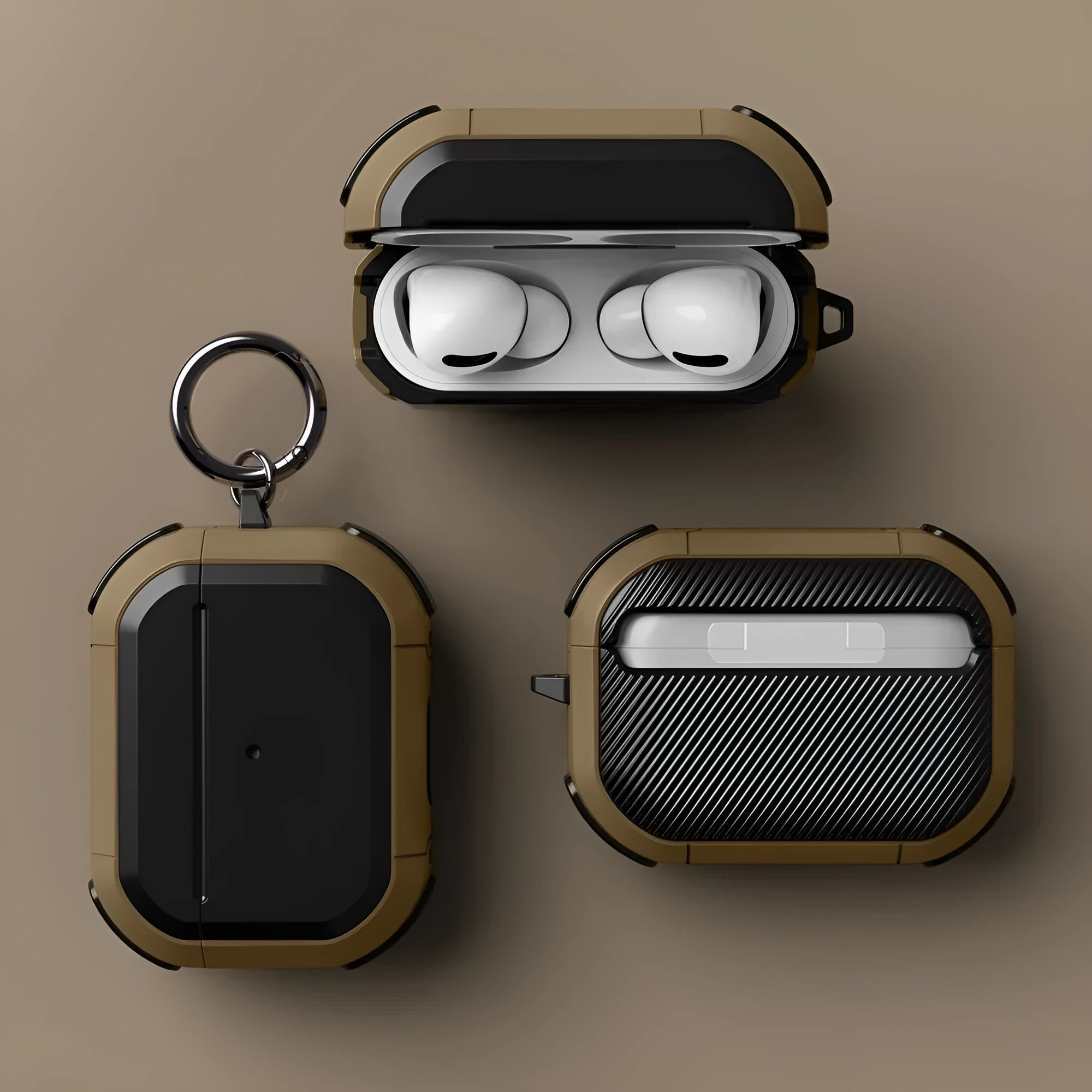 Black TPU and PC protective case for Apple AirPods Pro and AirPods 1/2 models on a white background.