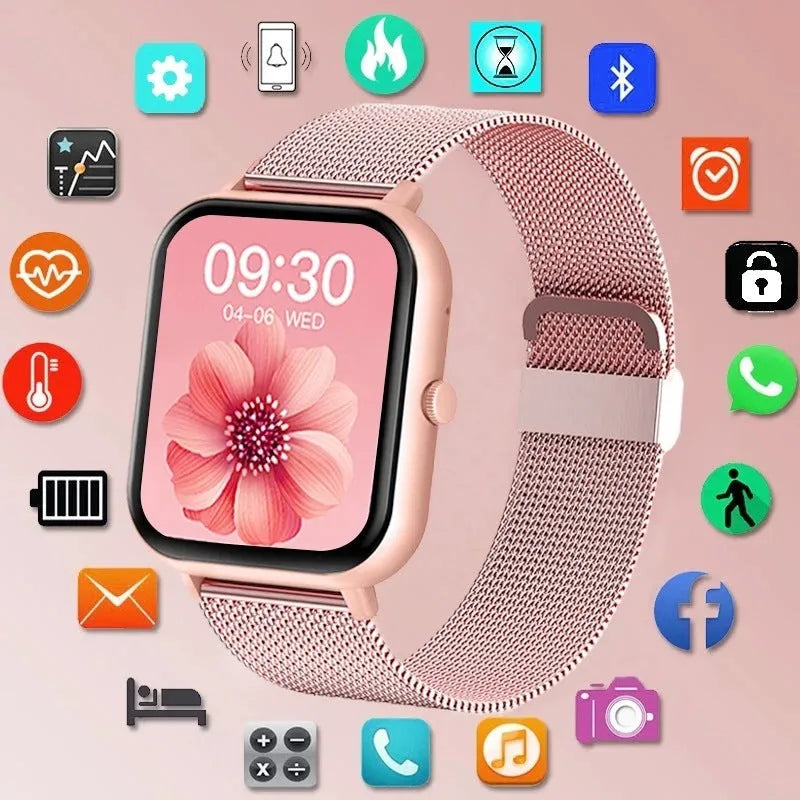 ZL54C smart watch showing AMOLED display with health monitoring metrics and Milan steel strap