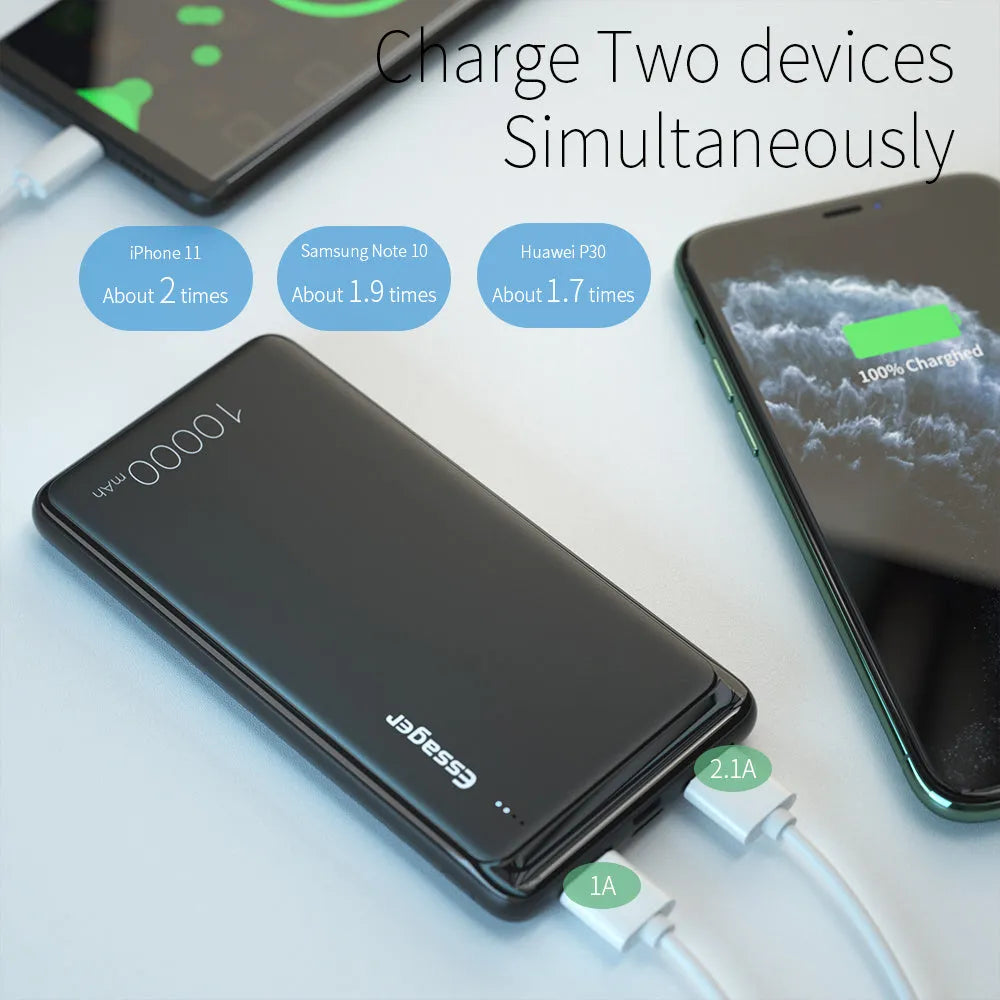 Essager Small Jane 10000mAh power bank in black or white showing dual USB ports and LED indicators