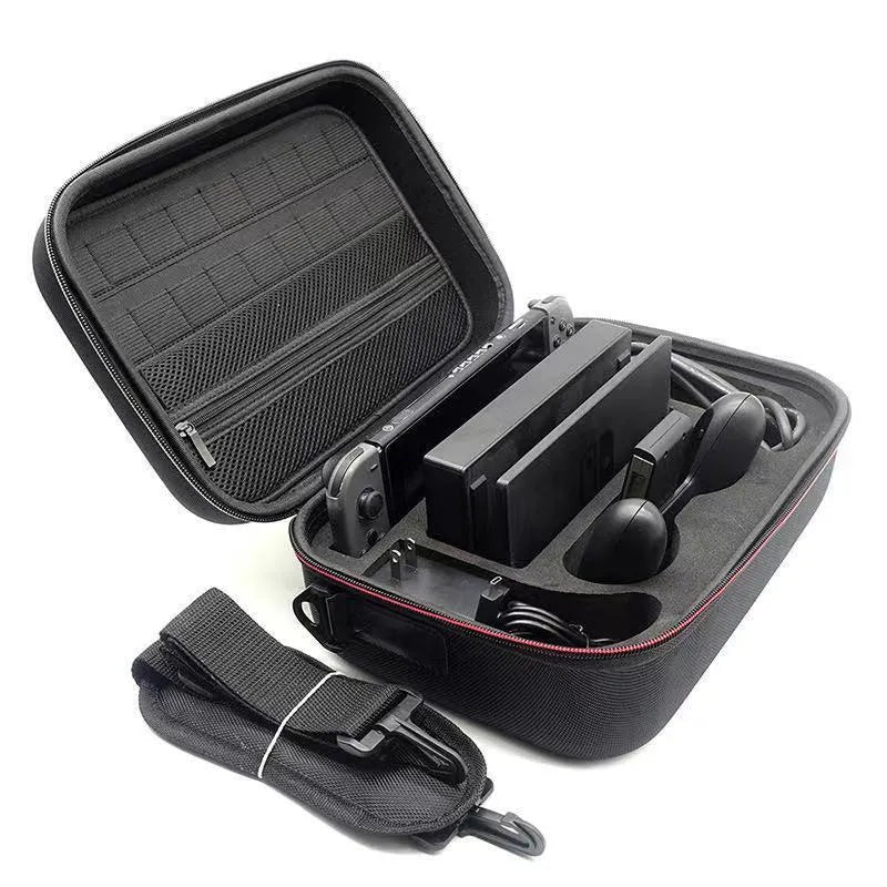 Black EVA hard-shell game console accessory storage bag shown with controllers and cables inside.