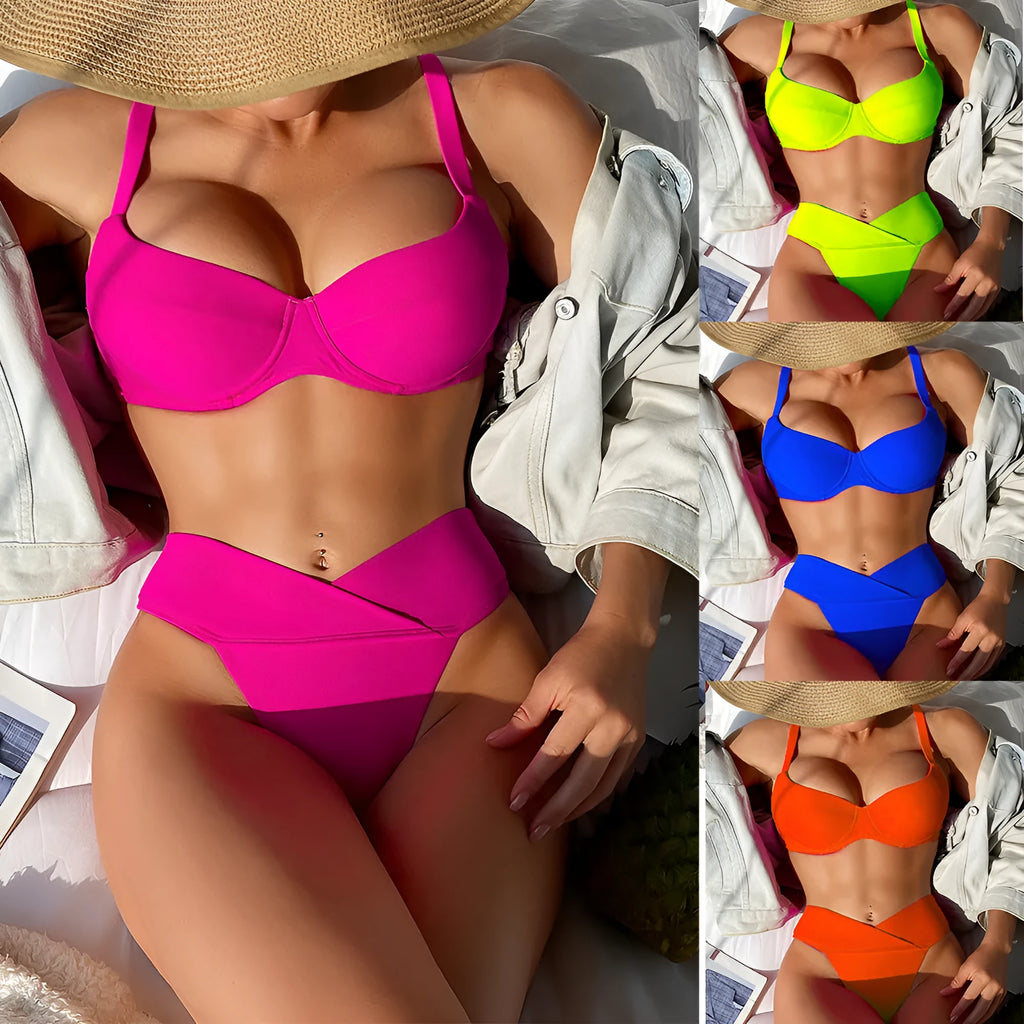 Women's fluorescent solid colour nylon bikini swimsuit on a mannequin.
