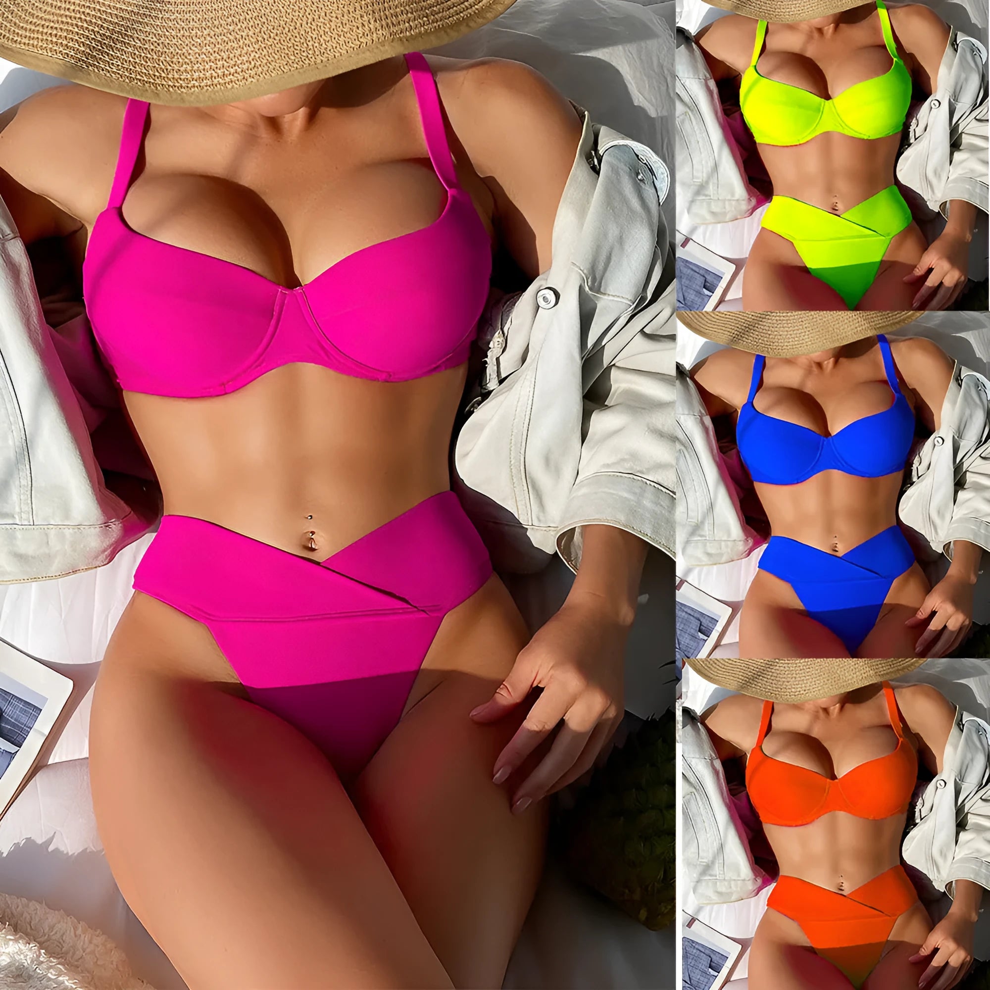 Women's fluorescent solid colour nylon bikini swimsuit on a mannequin.