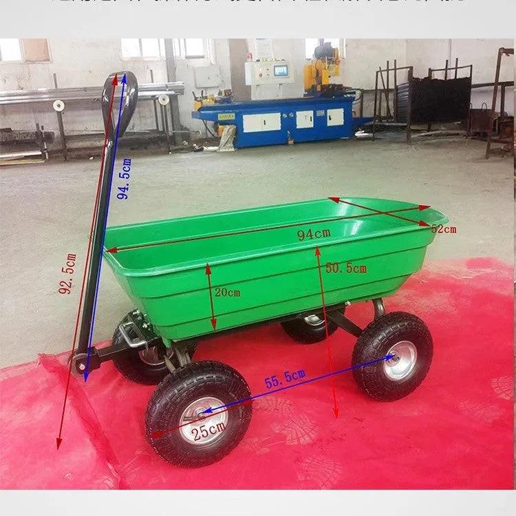 Green four-wheel agricultural dump truck with tipping bed, model TC2145, for hauling materials.
